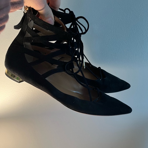 Aquazzura Belgravia LaceUp Pointed Toe Ballet Flats Black Cutout Suede Size 7.5 - Picture 3 of 7